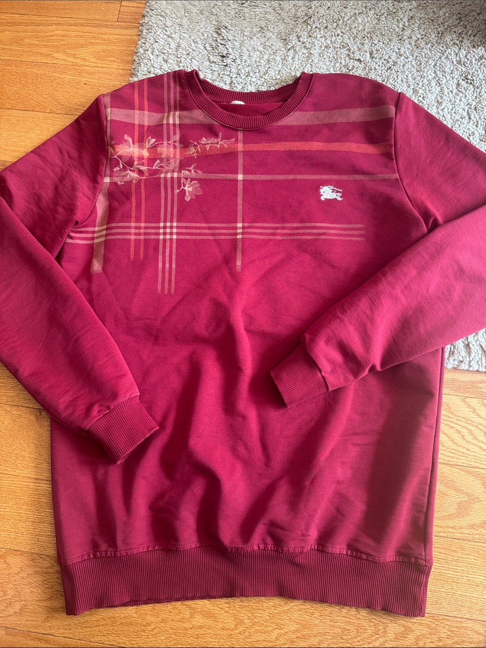 Burberry Brit Men's Burgundy Crewneck Sweater with Plaid Detail